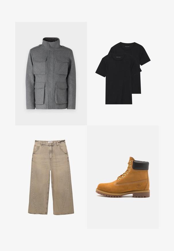 Sivá vlnená bunda zmesi s vysokým golierom, obsahujúca štyri predné vrecká a zipsové zapínanie. Hladká textúra a prispôsobený strih.; Dvoje čiernych bavlnených tričiek s krátkymi rukávmi, okrúhlym výstrihom a hladkou textúrou, vystavených naskladaných spolu.; PULL&BEAR MEGA BAGGY - Džínsy baggy - light grey; Tyrkysové semišové členkové topánky s čiernym polstrovaným golierom, zlatými kovovými očkami, bielym prešívaním a robustnou gumovou podrážkou s výraznými drážkami.