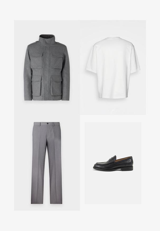 Sivi kaput od vune s visokim ovratnikom, s četiri prednja džepa i zatvaranjem na zatvarač. Glatka tekstura s krojem prilagođenim tijelu.; Bijela majica kratkih rukava, slobodnog kroja, okruglog izreza, od glatke pamučne tkanine, bez ukrasa na leđima, ravnog donjeg ruba, bez uzoraka ili naglasaka.; Sive krojene hlače s ravnim prednjim dijelom, dva bočna džepa i jedan gumb za zatvaranje. Glatka tekstura s suptilnim uzorkom prugica.; Crne kožne loferice s glatkom površinom, zaobljenim vrhom i dekorativnim šavom na gornjem dijelu. Nizak potplat s malim potpeticama i blagi sjaj.