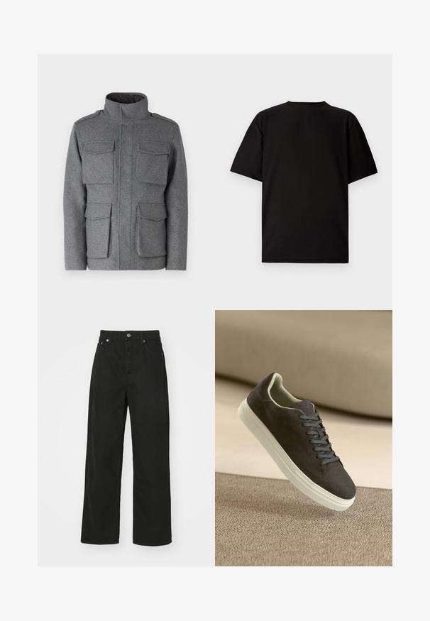 Pelēkā vilnas maisījuma jaka ar augstu apkakli, kurai ir četras priekšējās kabatas un rāvējslēdzēja aizdare. Gluda tekstūra un pielāgota piegriezuma dizains.; Melna īsām piedurknēm T-kreklu, kas izgatavots no ribotas auduma. Tam ir apaļa kakla izgriezums un brīvs piegriezums ar gludu tekstūru. Skats tikai no aizmugures.; Melnas denim bikses ar taisna caurumu dizainu, kas aprīkotas ar piecām kabatām, pogu aizdari un klasisku jostu. Gluda tekstūra.; Tumši pelēki zamšādas sporta apavi ar atbilstošām auklām un baltu gumijas zoli, novietoti virs strukturētas gaiši brūnas virsmas ar maigu fona.