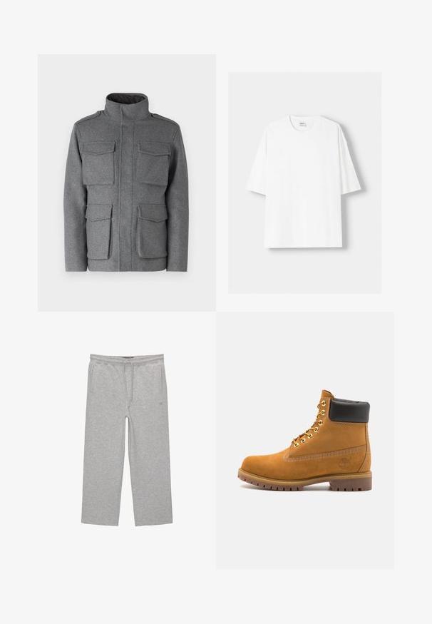 Grau gestrickte Wolljacke mit hohem Kragen, vier Fronttaschen und einem Reißverschluss. Glatte Textur mit taillierter Passform.; Weißes kurzärmliges T-Shirt aus Baumwolle mit Rundhalsausschnitt und lockerer Passform. Glatte Textur, ohne sichtbare Muster oder Akzente.; Graue Baumwoll-Loungehosen mit elastischem Bund, Kordelzug und zwei seitlichen Taschen; gerader Schnitt, weiche Textur, ohne Muster.; Beige Wildleder-Ankle-Boot mit schwarzem gepolstertem Kragen, goldenen Metallösen, weißen Nähdetalben und einer robusten Gummisohle mit ausgeprägtem Profil.
