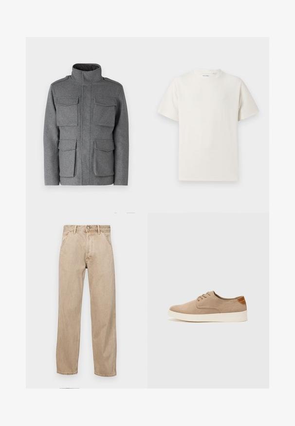 Grå uldblandingsjakke med høj krave, der har fire forlommer og lynlås. Glat tekstur med en skræddersyet pasform.; Hvid kortærmet T-shirt i ribbet tekstur. Rund halsudskæring, løs pasform, ingen synlige mønstre eller accenter. Enkel og alsidig design.; Beige denimjeans med lige bendesign, med forlommer, metalknaplukning og subtil struktur.; Beige ruskinds sneakers med rund tå, snørebånd foran og en struktureret rygdetalje. Hvid gummisål giver kontrast. Enkel og moderne design.
