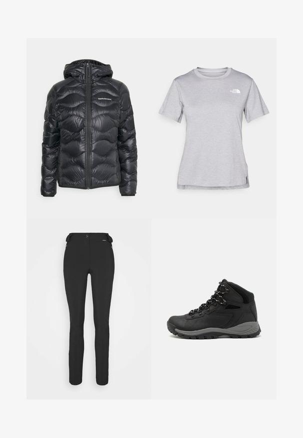 Peak Performance HELIUM HOOD - Pūkinė striukė - black; Pilkas trumpomis rankovėmis marškinėliai, pagaminti iš minkštos, drėgmę sugeriančios medžiagos. Turi apvalią iškirptę ir mažą baltą logotipą viršutiniame kairiajame kampe.; Juodos, prigludusios kelnės, pagamintos iš lankstaus medžiagos. Ypatybės: šoninis kišenės užtrauktuku, suformuotos kelių sritys ir lygi tekstūra.; Juodas žygio botas su vidutinio aukščio dizainu, pasižymintis tekstūruota viršutine dalimi, pilkų akcentų ir patvaria guma padanga su sukibimo gumbais.