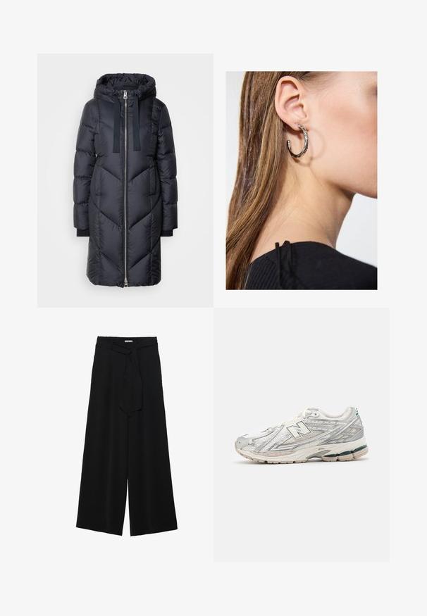 Marc O'Polo LONG NEW QUILTINGS WITH HOOD - Sulemantel - deep blue sea; Hele roosa kootud sviiter, millel on ümar kaelus, raglanvarrukad ja soonikkoes varrukalõpud. Tekstuur on pehme, mugava lõikega ja minimaalsete detailidega.; Mustad laiad püksid, millel on tekstureeritud kangas, elastne vöökoht ja eemaldatav pael vööst, et reguleerida sobivust.; Jooksujalatsitel on hõbedane ja valge võrgusilmast ülemine osa rohelise aktsendiga. Tallal on jäme ja tekstuurne disain, mis on loodud pehmendamiseks ja toestamiseks.; Hõbedane rõngas kõrvarõngas poleeritud viimistlusega, millel on väikesed kuldsed aktsendid ja ümmargune kuju, kantud lobus.