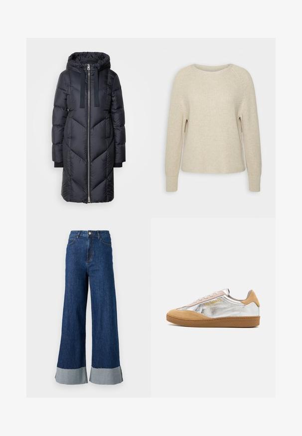 Marc O'Polo LONG NEW QUILTINGS WITH HOOD - Dūnu mētelis - deep blue sea; Gaiši rozā adīts džemperis ar apaļu dekoltēju, raglāna piedurknēm un ribotām aprocēm. Tekstūra ir mīksta ar brīvu piegriezumu un minimālu apdari.; Platas kājas džinsu bikses tumši zilā krāsā ar kontrastējošu gaiši zilu apakšmalu un klasisku piecu kabatu dizainu.; Sudraba un brūns zamšs tenisbikses ar teksturētu gumijas zoli, bēšiem šņorēm un dzeltenā krāsā izdrukātu logotipu sānos.