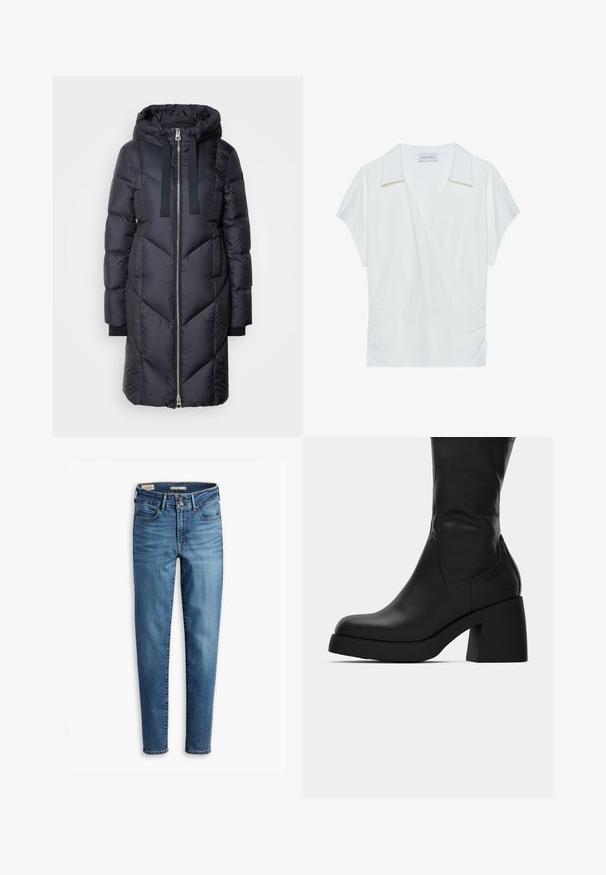 Marc O'Polo LONG NEW QUILTINGS WITH HOOD - Dunkappa / -rock - deep blue sea; Vit krage inslag blus i mjukt tyg, med korta ärmar och rynkade detaljer vid midjan för en avslappnad passform.; Högmidjade, slim jeans i ljusblå denim. Innehåller fem fickor, knappstängning fram och klassiska sömnadsdetaljer hela vägen.; Svart läderstövel som går till mitten av vadens längd, med kraftig klack och rund tå, visad i sidoprofil mot vit bakgrund.