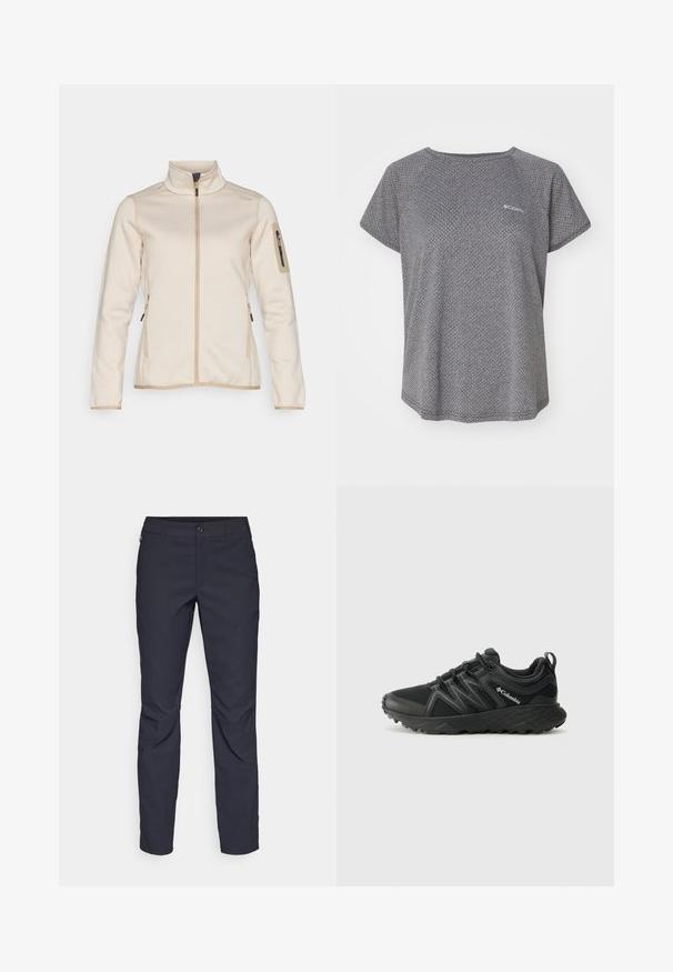 Svijetlo bež zip-up jakna s teksturiranom površinom, visokim ovratnikom i pripijenim dugim rukavima. Ima bočne džepove i džep na ruci sa zipom.; Siva majica kratkih rukava koja sadrži suptilan teksturirani uzorak, okrugli izrez i Columbia logotip na prsima. Mekani materijal, opušteni kroj.; Pantalone tamnoplave boje od glatkog materijala, s prednjim kopčanjem na dugme, uskim krojem i pregibima na koljenima.; Columbia PEAKFREAK - Obuća za pješačenje - black