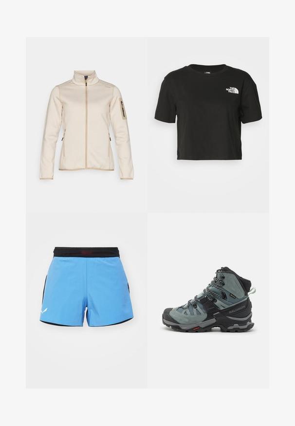 Gaiši bēšs svītrainais jaciņa ar struktūrētu virsmu, augstu apkakli un pieguļošām garām piedurknēm. Iekļauj sānu kabatas un kabatu ar rāvējslēdzēju uz piedurknes.; Melnā īsā T krekls izgatavots no kokvilnas. Tam ir apaļš kakla izgriezums un īsas piedurknes, ar baltu logotipu kreisajā krūšu daļā.; Gaiši zili sporta šorti ar melnu jostu, ar sānu acs paneļiem un baltu logo uz maliņas. Mīksta, ātri žūstoša auduma.; Augstas botas pārgājieniem pelēki-zilā krāsā ar samta un sietveida virsu, apgādātas ar melniem akcentiem, mezglotiem šņorēm un izturīgu zoli labākai saķerei.