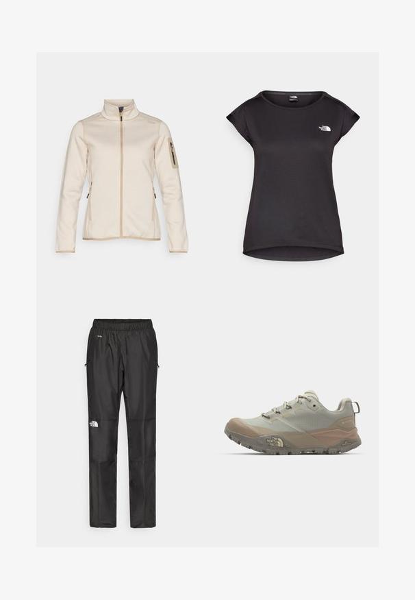 Light beige zip-up jacket with a textured surface, high collar, and fitted long sleeves. Features side pockets and a zippered arm pocket.; The North Face TANKEN TANK - Sports T-shirt - black; Black waterproof pants made from lightweight fabric, featuring an elastic waistband, side pockets, and a logo on the left leg.; Light gray athletic shoe with beige accents, made from synthetic material. Features a rugged sole, lace-up design, and branding on the side.