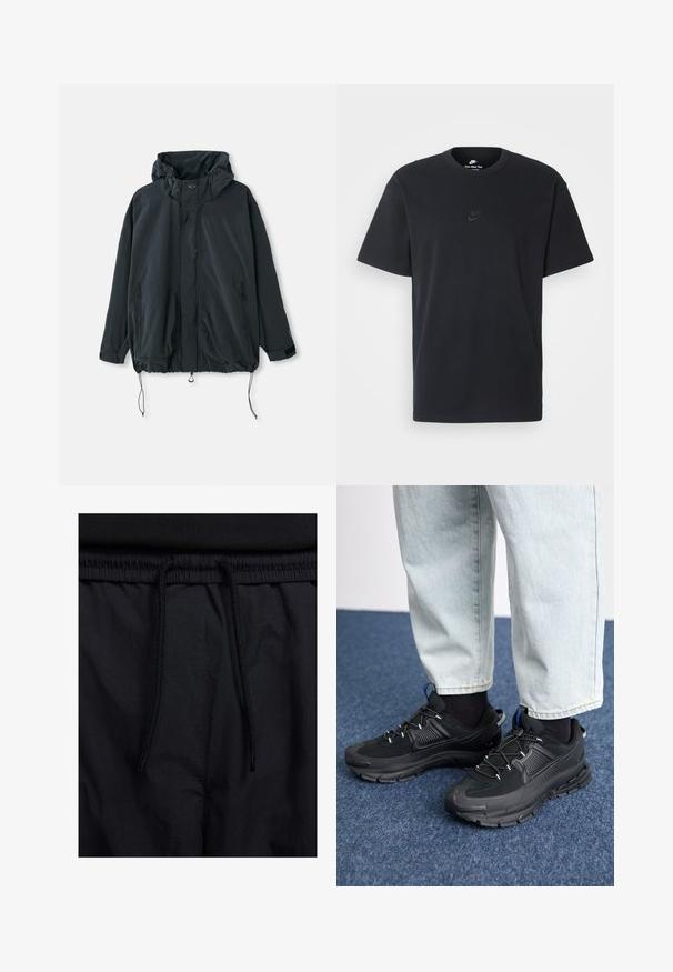 Jaqueta preta com capuz feita de tecido leve. Possui fecho de zíper, cordões ajustáveis e bolsos laterais com zíper. Design de corte solto.; T-shirt de algodão preto da Nike com um clássico decote redondo, mangas curtas e um logótipo em relevo discreto no peito. Textura suave.; Calções pretos com um cós elástico ajustável, fabricados em tecido leve com uma textura suave e um design simples, sem logótipos ou padrões visíveis.; Sapatilhas desportivas pretas com tecido texturizado e solas em borracha, apresentando atacadores elásticos e um detalhe azul no calcanhar. Usadas com calças de ganga claras.