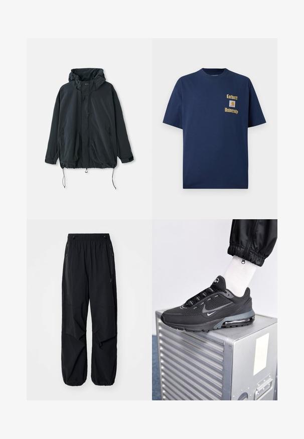 Černá kapuce vyrobená z lehké tkaniny. Obsahuje zipové zapínání, šňůrky a boční kapsy se zipy. Volný střih.; Námořnická modrá bavlněná tričko s krátkým rukávem, se zlatým textem "Carhartt University" a nášivkou na levé hrudi.; Černé lehké cargo kalhoty s elastickým pasem, bočními zipy a prostornými kapsami. Mají volný střih a zúžené manžety.; Nike Sportswear PULSE - Tenisky - black/anthracite