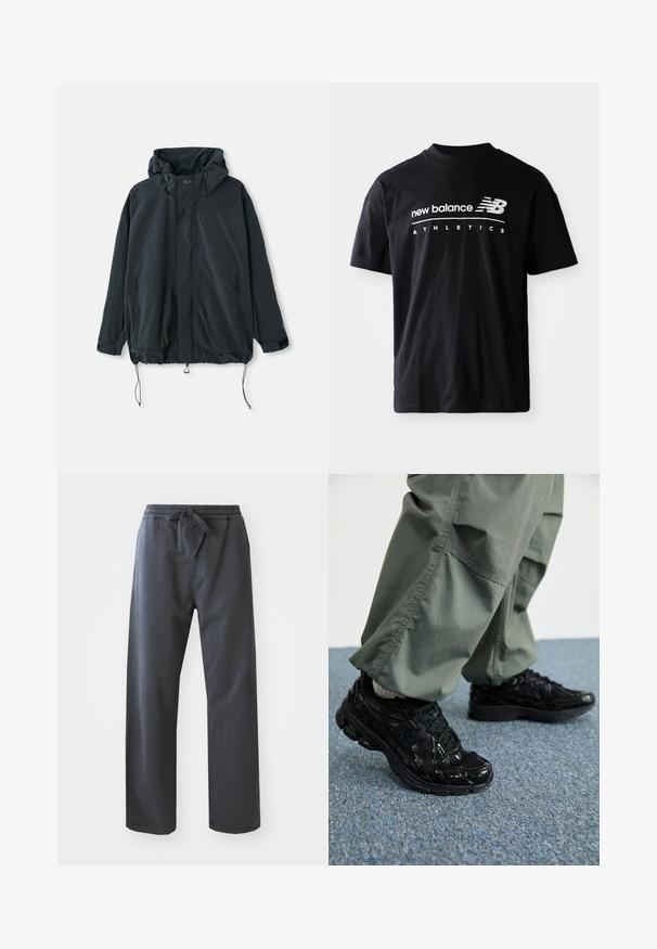 Sort hættejakke lavet af letvægtsstof. Har lynlåslukning, snoretræk og sidelommer med lynlås. Løs pasform.; Sort bomulds T-shirt med rund halsudskæring, korte ærmer og hvidt tekstgrafik med "new balance" og "ATHLETICS" på forsiden.; Sort, elastiske bukser med taljeelastik og snøre, der har et lige ben-design og en glat tekstur. Ingen synlige lommer eller mønstre.; Sorte atletiske sneakers med blanke og mesh teksturer, der har en tyk sål og snørebånd, parret med løse olivengrønne cargo bukser.
