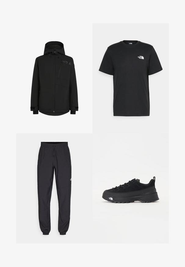 Black jacket with a hood, zippered front, and chest pocket. Features textured fabric with elastic cuffs and a slightly extended back hem.; Black cotton t-shirt with short sleeves, crew neck, and a small white logo on the left chest. Simple design, smooth texture, and relaxed fit.; Black athletic pants made from lightweight fabric, featuring a drawstring waistband, side pockets, and tapered cuffs at the ankles.; Black outdoor sneaker with a suede upper, textured rubber sole, and sturdy lacing system. Features a reinforced heel and brand logo on the side.