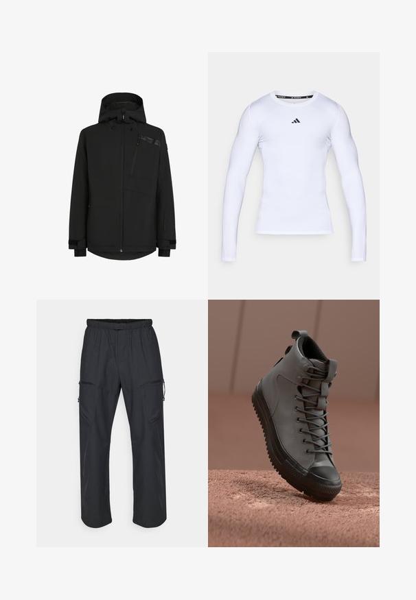 Čierna bunda s kapucňou, so zipsom vpredu a náprsním vreckom. Má štruktúrovanú látku, elastické manžety a mierne predĺžený zadný lem.; Biele športové tričko s dlhým rukávom vyrobené z elastickej tkaniny, s okrúhlym výstrihom a čiernym logom Adidas na hrudi.; Čierne cargo nohavice so elastickým pásom, dvoma zipsovými vreckami a ľahkou, hladkou textúrou látky.; Vysoké tenisky z šedej kože s textúrovaným povrchom, čiernym gumeným špičkou a šedými šnúrkami. Obsahujú úchytku na päte.