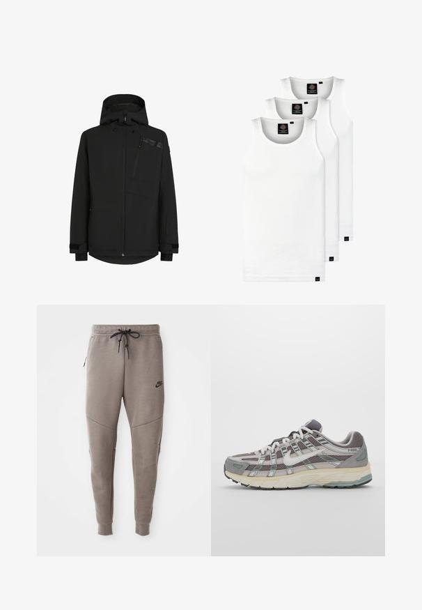 Zwarte jack met capuchon, ritssluiting aan de voorkant en borstzak. Gekenmerkt door textuurstof met elastische manchetten en een iets verlengde achterzoom.; Drie witte geribde tanktops van katoen. Kenmerken zijn een ronde hals en kleine zwarte labels nabij de zoom. Verkrijgbaar in meerdere maten.; Grijze Nike-sweatpants met een verstelbare tailleband, taps toelopende benen, zijzakken en opvallende naaddetails. Zachte, gestructureerde stof.; Grijze sportieve schoen met een bovenwerk van mesh en suede, witte accenten, een gevoerde zool en een onderscheidend ontwerp met reflecterende elementen.