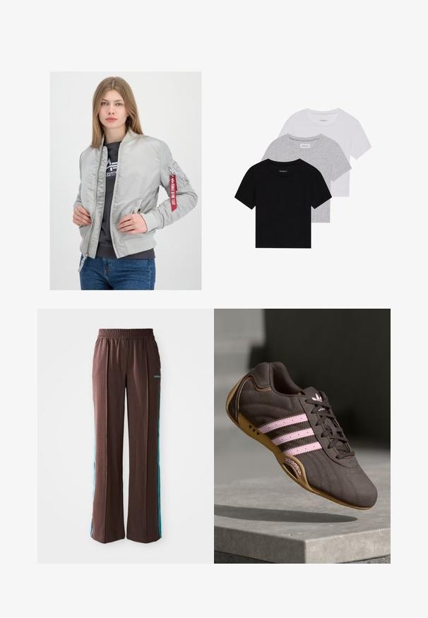 Siva bomberska jakna s gladko površino, rebrastimi manžetami in ovratnikom, sprednjim zadrgo in nalepko z rdečo pentljo na rokavu.; Komplet treh majic s kratkimi rokavi v črni, sivi in beli barvi. Izdelane iz bombaža, z okroglim izrezom in preprostim, enobarvnim dizajnom.; Rjave športne hlače z ribasto teksturo, elastičnim pasom in turkiznimi stranskimi črtami. Na sprednji strani je logotip adidas.; Rjave semiš tene za šport z rožnatimi črtami in logotipom, ki imajo teksturirano zgornji del, vezalke in podplat iz gume.