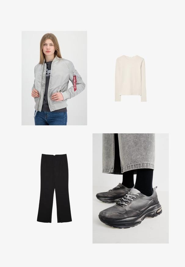 Sivi bomber jakna s glatkom završnom obradom, rebrastim manžetama i kragnom, prednjim patentnim zatvaračem, i oznakom s crvenom vrpcom na rukavu.; Svijetlo bež majica dugih rukava napravljena od mekanog materijala, s okruglim izrezom i opuštenim krojem s ravnim rubom i minimalnim detaljima šivanja.; Crne hlače ravnog kroja, s prednjim džepovima i bočnim prorezima na rubu. Izrađene od mekog i glatkog materijala. Pogodne za razne prigode.; Crne i sivo sportske cipele imaju mrežastu gornjište, debele potplate i vezice. Imaju zaobljen vrh i vidljive detalje s jastučićima.