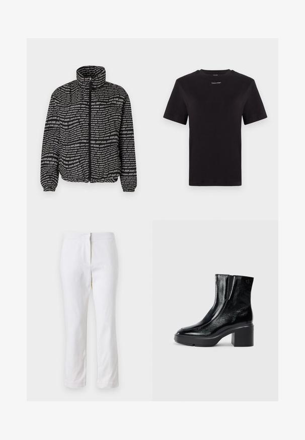 Czarna ocieplana kurtka z nadrukiem białego tekstu na całej powierzchni. Wysoki kołnierz, zamek błyskawiczny, elastyczne mankiety i dół, zapewniające dopasowane wykończenie.; Czarny t-shirt bawełniany z krótkimi rękawami, okrągłym dekoltem i małym białym logo "Calvin Klein" na piersi. Gładka struktura, klasyczny krój.; Białe bawełniane spodnie o prostym kroju nogawki, z średnim stanem, bez widocznych elementów metalowych czy wzorów. Gładka tekstura na całej powierzchni.; Czarne lakierowane botki za kostkę z zaokrąglonym noskiem, elastycznymi panelami bocznymi i masywnym obcasem blokowym. Posiadają wytłoczone logo z tyłu.