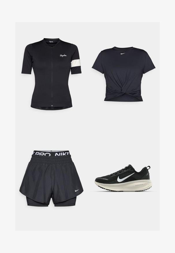 Svart sykkeltrøye med halv glidelås, korte ermer, og en hvit stripet detalj på venstre arm. Laget av et elastisk stoff.; Svart trenings T-skjorte laget av glatt stoff, med en knyttet frontdesign og en liten hvit Nike-logo på brystet.; Svart treningsshorts med lagdelt design, har et pustende yttersjikt, elastisk midjebånd med merkevare, og en liten logo foran.; Svart Nike løpesko med pustende mesh-overdel, hvit swoosh-logo, teksturert detaljer og en kremfarget ZoomX mellomsåle.