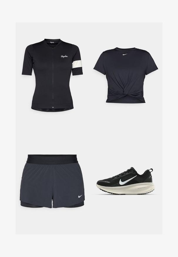 Tricou de ciclism negru cu fermoar pe jumătate, mâneci scurte și un accent cu dungi albe pe brațul stâng. Fabricat dintr-un material elastic.; Tricou sport negru din material neted, cu un design frontal legat și un mic logo Nike alb pe piept.; Shorts atletici negri, cu un elastic la talie, având un design stratificat și un mic logo alb Nike în partea stângă jos. Material ușor.; Pantofii de alergare negri de la Nike, cu parte superioară din plasă respirabilă, logo-ul alb Swoosh, detalii texturate și o talpă intermediară ZoomX de culoare crem.