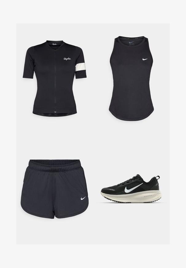 Maillot de cyclisme noir avec une fermeture éclair demi-longueur, des manches courtes et un accent à rayures blanches sur le bras gauche. Fabriqué en tissu extensible.; Débardeur de sport noir en matériau anti-humidité. Il présente un col rond, une coupe slim et un logo Nike blanc sur la poitrine.; Shorts de sport noirs en tissu léger et respirant. Dotés d'une taille élastique et d'un logo Nike blanc sur le bas à droite.; Baskets de course noir Nike avec tige respirante en mesh, logo swoosh blanc, détails texturés et semelle intermédiaire ZoomX de couleur crème.