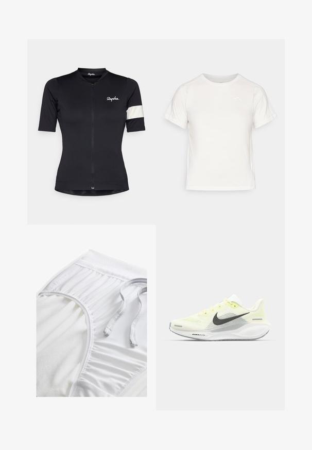 Zwarte fietsjersey met een halve rits, korte mouwen en een witte gestreepte accent op de linkerarm. Gemaakt van rekbaar materiaal.; Lichtgewicht wit T-shirt met korte mouwen, ronde hals en een klein logo in de linkerbovenhoek. Glad stof met een subtiele glans.; Witte sportshorts met een gestructureerde tailleband, geplooide zijkanten en een platte trekkoord. Zachte stof met een gladde afwerking.; Nike hardloopschoenen met een lichtgele en witte mesh bovenkant, grijze accenten en een flexibele rubberen zool. Voorzien van een vetersluiting.