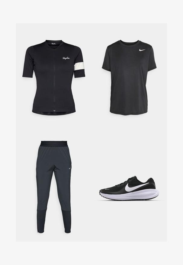 Sort cykeltrøje med halv lynlås, korte ærmer og en hvid stribet detalje på venstre arm. Lavet af et strækbart stof.; Sort kortærmet sports t-shirt lavet af glat, let stof, med et lille hvidt Nike-logo på den øverste venstre side.; Nike træningsbukser i mørkegrå, med en tætsiddende ben-design, elastisk talje og detaljer ved manchetterne.; Sort atletiksko med en struktureret mesh-overdel, hvid swoosh-logo, polstret krave og en tyk, dæmpet hvid mellemsål. Gummiydersål.