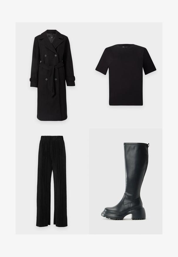 Crni dvostruki dugmadni trench kaput izrađen od teksturirane vune. Ima velike dugmad, pojas u struku i klasičan rever.; Crna majica kratkih rukava s okruglim izrezom, izrađena od mekane pamučne tkanine. Jednostavan dizajn, bez vidljivih logotipa ili uzoraka.; Crne plisirane hlače s elastičnim pojasom. Imaju široke nogavice i glatku, teksturiranu tkaninu s vertikalnim prugama.; Visoke crne kožne čizme s debelim platformskim đonom i blok petom, s patentom za povlačenje i teksturiranim uzorkom na potplatu.