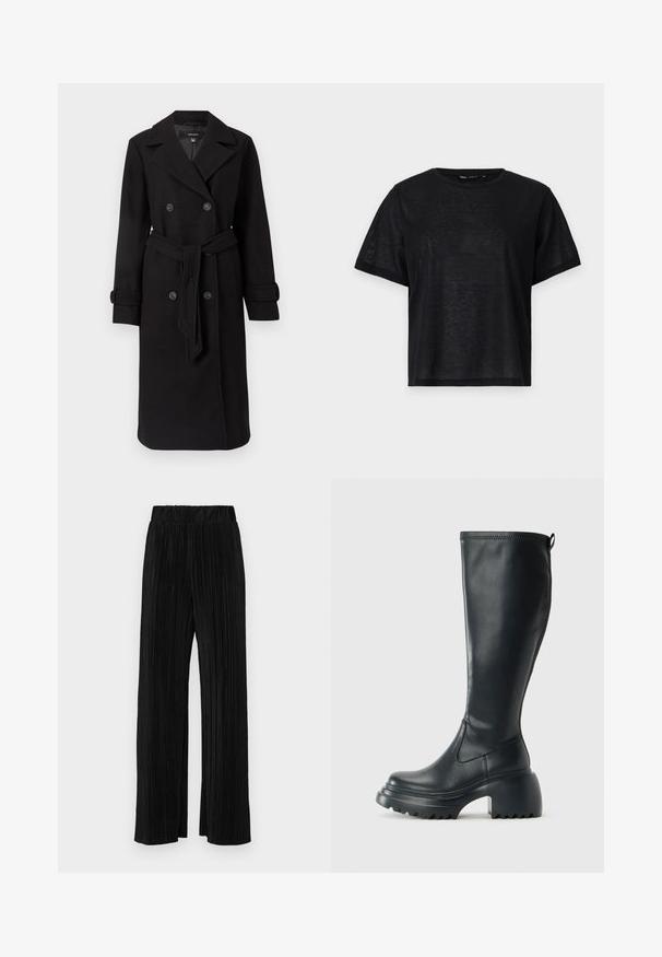 Cappotto trench nero doppiopetto realizzato in tessuto di lana testurizzato. Presenta bottoni grandi, una vita con cintura e un classico colletto a risvolto.; T-shirt nera a maniche corte con una vestibilità rilassata, caratterizzata da una texture liscia e un collo a giro. Tessuto leggero con una leggera lucentezza.; Pantaloni neri a plissé con vita elasticizzata. Presentano gamba ampia e un tessuto liscio e texture con strisce verticali.; Stivale lungo in pelle nera con suola piatta robusta e tacco a blocco, dotato di linguetta e battistrada testurizzato sulla suola.