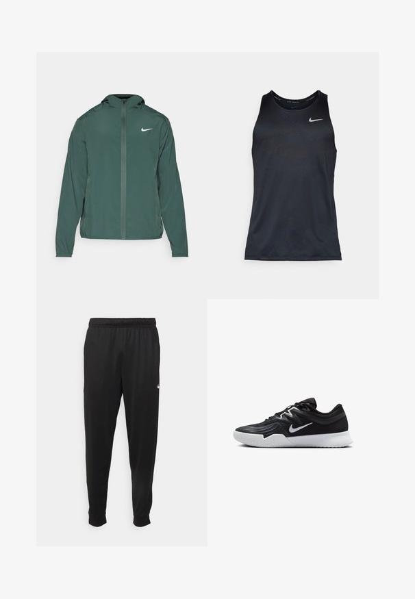 Nike Performance FORM - Windbreaker - vintage green/reflective silver; Black Nike tank top made of lightweight, smooth fabric. Round neckline and sleeveless design with a subtle textured pattern and logo.; Black athletic pants made of smooth fabric, featuring an elastic waistband, tapered legs, and a small white logo on the left side.; Black athletic shoe with a textured upper, white Nike swoosh, and a white rubber outsole. Features a lace-up design and dynamic shape.
