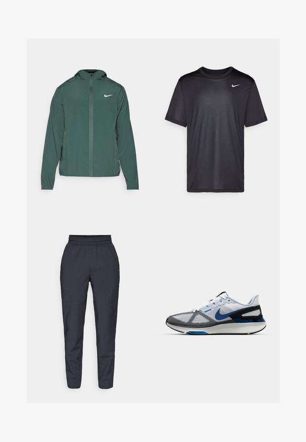 Nike Performance FORM - Vējjaka - vintage green/reflective silver; Melna sporta t-krekls ar īsām piedurknēm, apaļu kakla izgriezumu, izgatavots no gludas auduma. Uz kreisās puses augšējā daļā ir neliels balts Nike logotips.; Jūras spēku šauras bikses, izgatavotas no mīksta auduma, ar elastīgu jostu, sānu kabatām un gludu tekstūru ar smalkiem šuvumu papildinājumiem.; Nike sporta apavi ar acs formas augšdaļu baltā un pelēkā krāsā, ar zilu un melnu akcentu, ar mīkstinātu zolīti un redzamu Nike zīmolu.