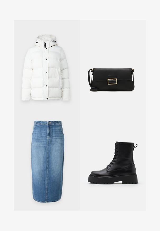 Giacca a vento bianca con cappuccio, caratterizzata da un design trapuntato, bottoni a pressione neri e cordini regolabili. Tessuto liscio, senza motivi.; JDY JDYDINEA REVERSIBLE - Maglione - fern; Gonna a matita in denim azzurro chiaro con taglio dritto, chiusura con bottoni frontali e leggera sfumatura. L'orlo è appena sopra il ginocchio.; Stivaletti in pelle nera alla caviglia con punta rotonda, lace-up frontale e suola in gomma spessa con battistrada textured. Tassello sul retro.; Borsa a mano in pelle nera con patta e dettaglio in metallo dorato. Include una tracolla nera e un design elegante e minimalista.; Orecchini a cerchio in argento con un design minimalista. Forma circolare, superficie liscia e profilo sottile. Leggeri con una finitura lucida.