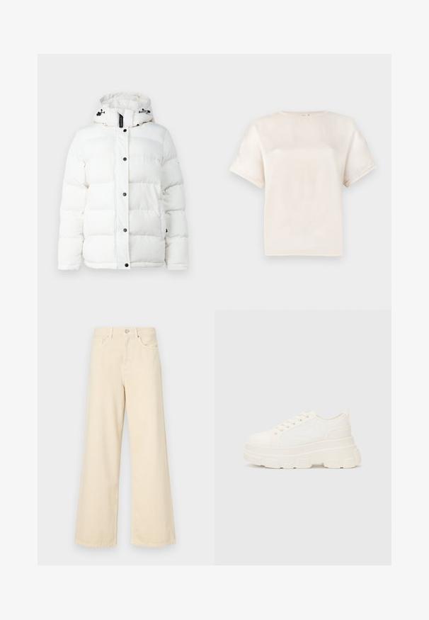 Bela puffer jakna s kapuco, z vzorcem kvadratnega šiva, črnimi gumbi na pritisnite in nastavljivimi vrvicami. Gladka tekstura, brez vzorcev.; Majica s kratkimi rokavi in okroglim ovratnikom v off-white barvi, izdelana iz gladkega materiala, s sproščenim fitom in minimalnimi šivi na rokavih.; Bež jeans širokega kroja iz bombaža. Imajo gumbno zapiranje, zanke za pas in sprednje žepe ter gladko, mehko teksturo.; Bela platnena teniska z debelim podplatom, okroglo konico in petimi luknjicami za vezalke. Zadaj je dodana zanka za enostavno obuvanje. Gladka tekstura, minimalistična zasnova.