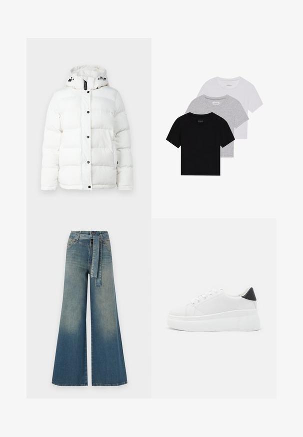 Biała kurtka puchowa z kapturem, z pikowanym wzorem, czarnymi zatrzaskami i regulowanymi sznurkami. Gładka faktura, bez wzorów.; Zestaw trzech koszulek z krótkim rękawem w kolorze czarnym, szarym i białym. Wykonane z bawełny, z okrągłym dekoltem i prostym, jednolitym wzorem.; Szerokie spodnie dżinsowe z gradientem od jasnoniebieskiego do ciemnoniebieskiego, wysokim stanem, szlufkami na pasek oraz pasującym paskiem z tkaniny. Teksturowany wykończenie dżinsu.; Białe sneakersy na platformie wykonane z gładkiego materiału syntetycznego, z zaokrąglonym noskiem, sznurowanym zapięciem i teksturowaną gumową podeszwą. Czarne akcenty na pięcie.