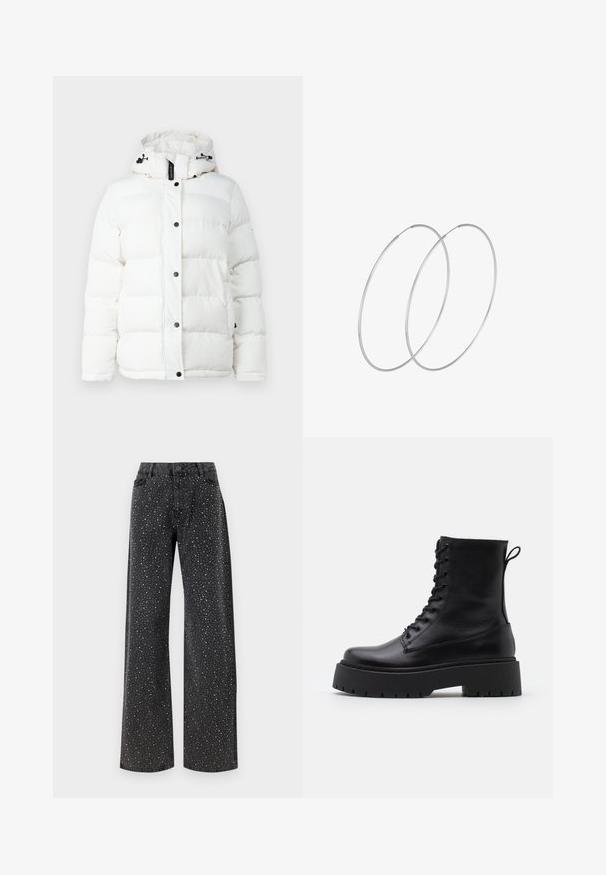 Bílá péřová bunda s kapucí, s prošívaným vzorem, černými patentními knoflíky a nastavovacími šňůrkami. Hladký povrch, bez vzorů.; Černý top s dlouhými rukávy ribovaného vzhledu, s bílým kulatým výstřihem a manžetami. Střih je přiléhavý a zkrácený v pase.; Noisy May NMJANNEL LOOSE - Džíny Relaxed Fit - black denim; Černé kožené kotníkové boty s kulatou špičkou, šněrováním na přední straně a silnou gumovou podešví s texturovaným vzorkem. S poutkem vzadu.; Stříbrné kruhové náušnice s minimalistickým designem. Kruh, hladký povrch a tenký profil. Lehká konstrukce s lesklým povrchem.