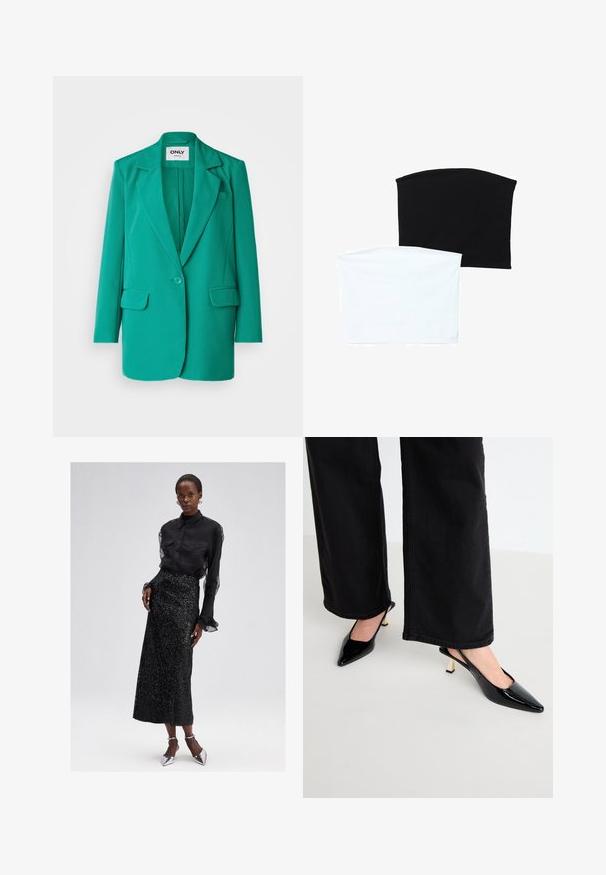 Turkizna blejzer z ožjim ovratnikom, zapenjanjem na en gumb, dvema sprednjima žepoma in gladko teksturo blaga.; Dve brezšivne cevi šali: ena črna in ena bela. Obe sta izdelani iz mehkega, raztegljivega materiala in imata gladko teksturo brez vzorcev.; Črna srajca s gumbi in prosojnimi rokavi, v kombinaciji z bleščečo črno midi krilom in srebrnimi visokimi petami. Eleganten in teksturiran dizajn.; Simmi London JUNE - Klasične pete - black