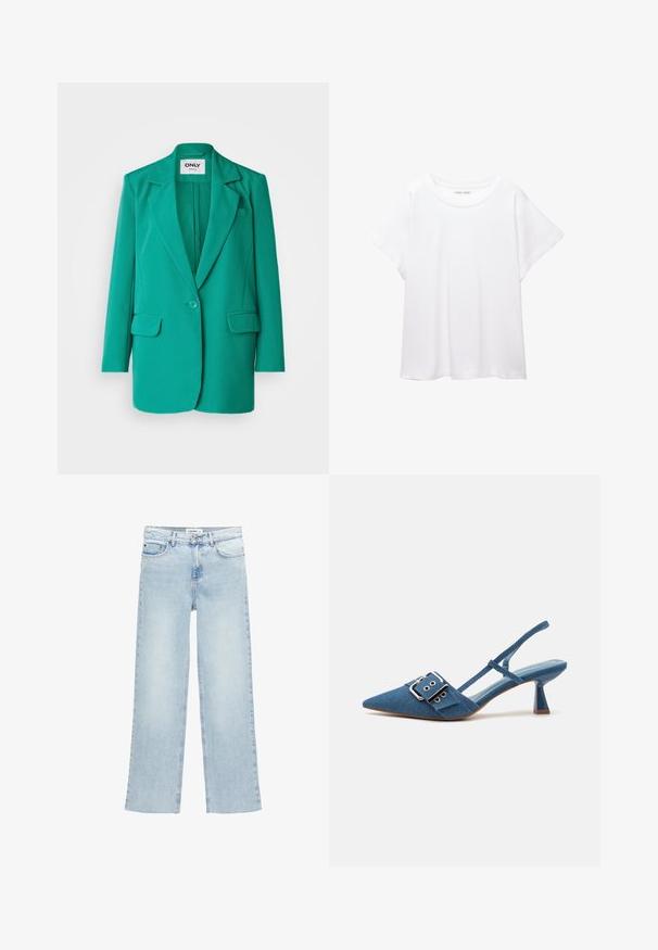 Sacou turcoaz cu guler în formă de V, închidere cu un singur nasture, două buzunare frontale și o textură a materialului netedă.; Tricou alb dintr-un material moale și ușor. Prezintă un decolteu rotund și mâneci scurte, largi, cu un croi lejer. Fără modele vizibile.; Jeans denim de culoare albastru deschis, cu picioare largi, talie înaltă, cinci buzunare și închidere cu nasturi. Prezintă detalii minime de cusătură.; Pantofi slingback din denim cu vârful ascuțit, curea ajustabilă cu cataramă și toc lucios de culoare albastră. Textură netedă cu branț ușor albastru.