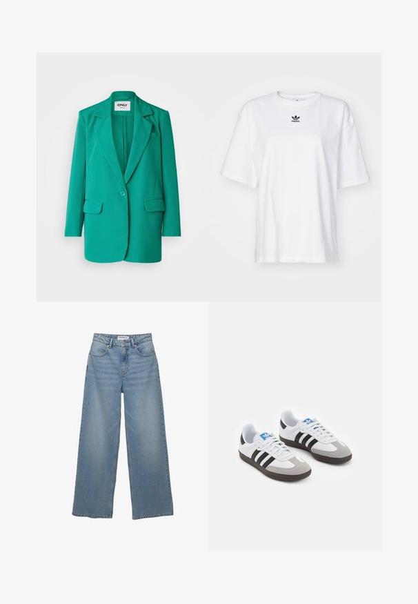 Turkusowy żakiet z klapami, z jednolitym zapięciem na guzik, dwiema kieszeniami z przodu i gładką fakturą materiału.; Biała, krótko rękawowa koszulka z bawełny. Posiada okrągły dekolt oraz małe, czarne logo Adidas na klatce piersiowej. Proste zakończenie.; Jasnoniebieskie jeansy typu wide-leg wykonane z denimu. Posiadają wysoką talię, pięć kieszeni oraz prosty krój z minimalnym wyblaknięciem.; Buty sportowe z białą skórzaną cholewką, szarym zamszowym noskiem i trzema czarnymi paskami. Posiadają niebieskie logo na języku oraz teksturowaną gumową podeszwę.