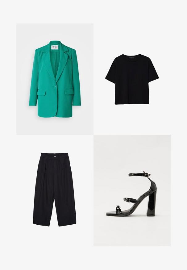 Turkizna blejzer z ožjim ovratnikom, zapenjanjem na en gumb, dvema sprednjima žepoma in gladko teksturo blaga.; Črna kratkotrajna majica brez rokavov iz bombaža. Ima okroglo ovratnico in sproščen kroj z gladko, enostavno teksturo. Brez vidnih vzorcev ali dodatkov.; Črne poliesterske culotte hlače z elastičnim pasom, dvema sprednjima nabiranjema in ohlapnim krojem. Brez vidnih vzorcev ali kovinskih detajlov.; Črne lakirane sandale s peto, kvadratnim prstom, trakovi okrog gležnja in srebrnimi zaponkami. Opremljene so s stabilno Debelo peto.
