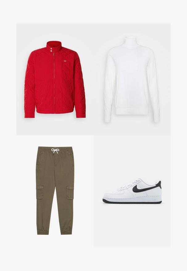 Punainen päällystakki, jossa on pystykaulus, etuvetoketju ja nappikiinnitys. Ominaisuuksiin kuuluu diagonaalinen ompelu ja pieni logo rinnassa.; Valkoinen poolopaita pitkähihaisena, valmistettu sileästä kankaasta. Ominaisuuksiin kuuluu vartalon myötäinen muotoilu sekä ribbitekniikalla tehdyt hihansuut ja helma. Ei kuvioita tai koristeita.; Khaki cargo-housut, joissa on joustava vyötärö ja kiristysnauha, sekä sivutaskut ja lahkeiden resorit. Valmistettu teksturoidusta, kevyestä materiaalista.; Valkoiset nahkakengät, joissa on musta Nike Swoosh, pyöreä kärki, nauhakiinnitys edessä, tekstuurinen musta kumipohja ja "Air" kohokuvioituna kannassa.