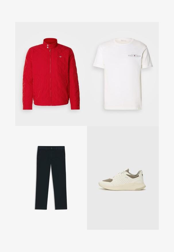 Red quilted jacket with a stand-up collar, front zipper, and snap buttons. Features diagonal stitching and a small logo on the chest.; White cotton t-shirt with a crew neck, short sleeves, and a printed logo. Features minimalist design and relaxed fit.; Dark navy chinos made from cotton blend fabric. Features belt loops, front pockets, and a zipper fly with button closure.; White and light beige athletic sneaker, featuring a mesh upper, perforated detailing, and a textured midsole with branding on the heel.