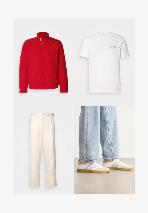 Punane tikkpüsiv jope, millel on püsti seisva kaelusega, ees lukuga ja nööbiga. Omab diagonaalõmblusi ja väikest logo rinnal.; Valge puuvillane T-särk ümmarguse kaelusega, lühikeste varrukatega ja trükitud logoga. Omab minimalistlikku disaini ja vabalt langevat stiili.; Beesidised puuvillased püksid sirge jala lõikega, mis on varustatud nööpkinnituse ja ees olevate voltidega, et lisada detaili.; Valged tenniset jalatsid beeži nubukaktsentide ja heade kummitaldadega; omavad madalat disaini ja tekstuurset detailimist ülemisel osal.