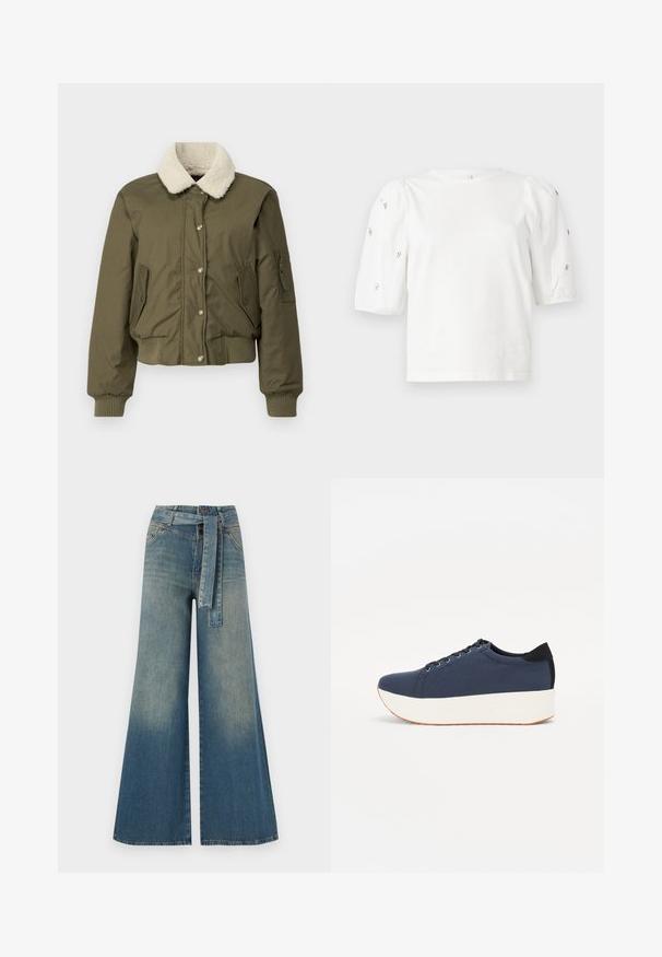 Alyvuogių žalia bomberio striukė su kreminiu pašiltinimu, corrugated rankovėmis ir apatine dalimi, dviem priekiniams kišenėms ir užtrauktuku uždaroma kišene ant rankovės.; Balta medvilnės marškinėliai trumpomis pūstomis rankovėmis, papuošti mažomis sidabrinėmis detalėmis ant rankovių. Klasikinis apvalus iškirpimas, laisvas siluetas.; Platus džinsinis kelnes su šviesiai tamsiai mėlynu gradientu, aukštu juosmeniu, diržo kilpomis ir atitinkančiu audinio diržu. Textūruotas džinsinis paviršius.; Tamsiai mėlynas sportinis batelis su tekstūruotu audiniu viršuje, baltu platformos padu, apvaliu pirštu ir juodu kulno akcentu.š. Yra šešios skylės raišteliams.