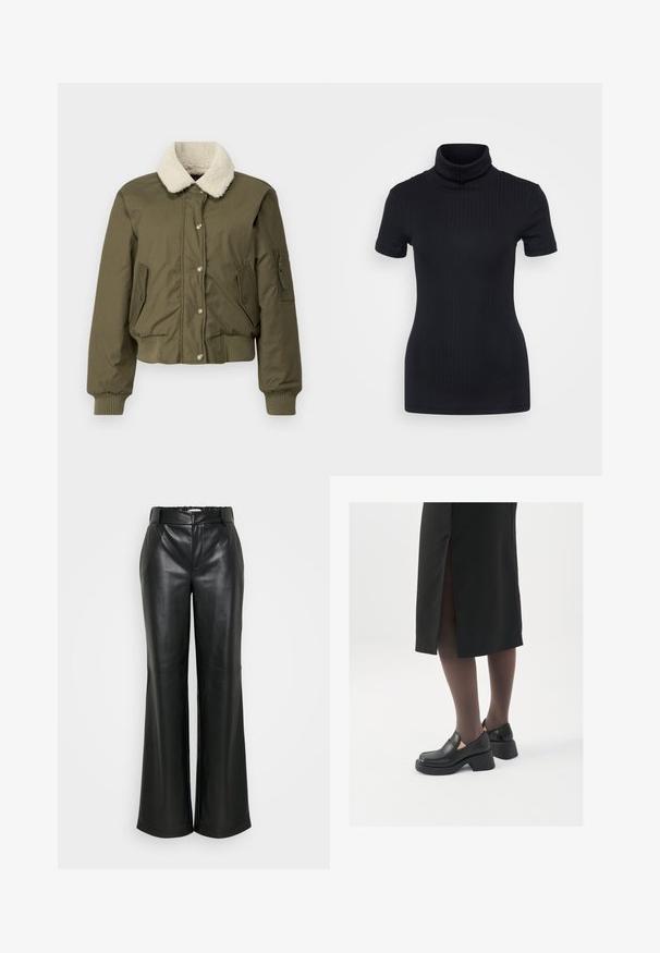 Olivově zelená bomber bunda s krémovým beránkovým límcem, žebrovanými manžetami a lemem, dvěma předními kapsami a kapsou na zip na rukávu.; Černý žebrovaný rolák, krátké rukávy, přiléhavý design, měkká textura, minimální švy a vysoký límec.; ONLY Tall ONLSMOOTH WIDE - Kalhoty - black; Černé kožené boty s kulatou špičkou, silným blokovým podpatkem a elastickými bočními akcenty, spárované s tmavými punčochami a černou sukní se rozparkem.