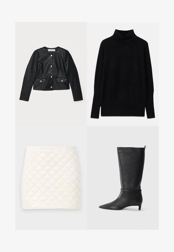 Fekete műbőr, rövid szabású dzseki hosszú ujjakkal, kerek nyakkivágással és arany gombos záródással. Két elülső zseb flap-kal.; Fekete garbó pulóver puha anyagból, bordás részletekkel a gallérnál és az ujjak végén, laza fazonnal és oldalsó sliccekkel.; Steppelt mini szoknya puha fehér anyagból, gyémántmintával és tiszta vonalakkal, sima textúrával és látható záródás nélkül.; Fekete bőr, térd fölé érő csizma, hegyes orral, kör alakú pánttal a bokán és alacsony, keskeny sarkú. Simára csiszolt textúra.