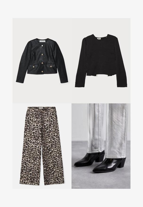 Zwarte nep leren cropped jas met lange mouwen, ronde halslijn en gouden knopen. Heeft twee voorzakken met kleppen.; Zwarte langekoots top met een ronde halslijn, gestructureerde stof, cropped zoom en subtiele naden, met zijzakken voor extra detail.; Luipaardprint wijde broek met een elastische tailleband, met een beige achtergrond en bruin-zwarte spikkels. Zachte, lichte stof.; Zwarte leren enkellaarzen met een spitse neus en blokhak, gecombineerd met glanzende zilveren broeken, die slanke texturen en contrasterende kleuren laten zien.
