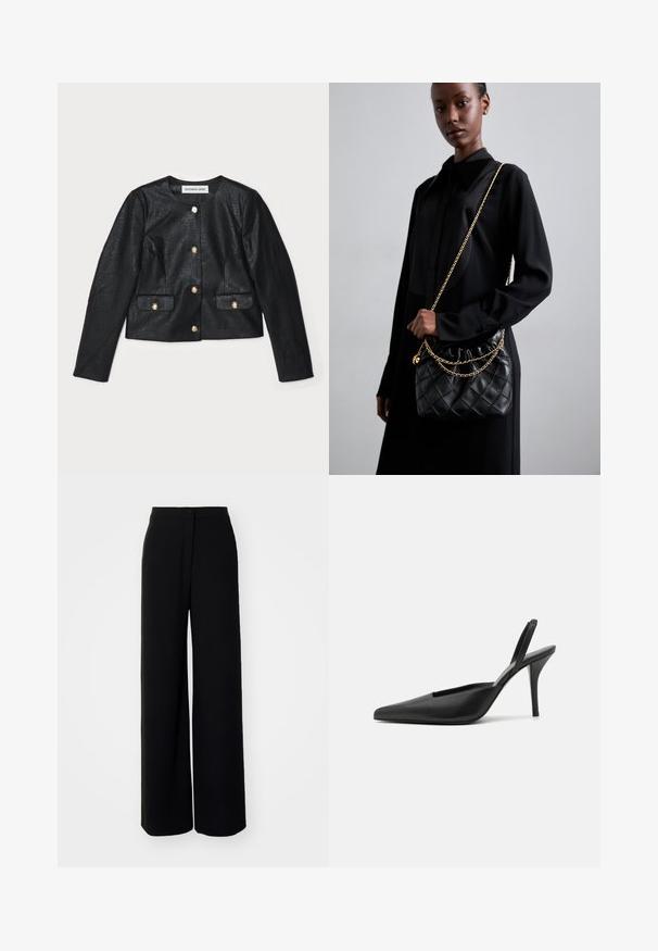 Jachetă scurtă din piele ecologică neagră cu mâneci lungi, guler rotund și închidere cu nasturi aurii. Prezintă două buzunare frontale cu clapete.; Cămașă albă din bumbac cu mânecă scurtă, tip T, cu guler rotund. Materialul pare neted, având o siluetă ajustată. Eticheta de brand este vizibilă la guler.; Pantaloni negri evazați cu talie înaltă, fabrică netedă, închidere cu buton frontal și fără buzunare vizibile, cu o croială ajustată.; Pantofi cu toc slingback negri, cu vârful ascuțit, din material din piele netedă, având un design elegant și minimalist. Toc înalt, tip stiletto.; Geantă de mână din piele quinoa neagră, cu vârf adunat, curea din lanț auriu și formă rectangulară, ținută pe un fundal simplu.; Cerceii cu studs florali de aur au un centru texturat de culoare neagră și detalii delicate. Pielea clară a modelului și părul împletit sunt vizibile în profil.