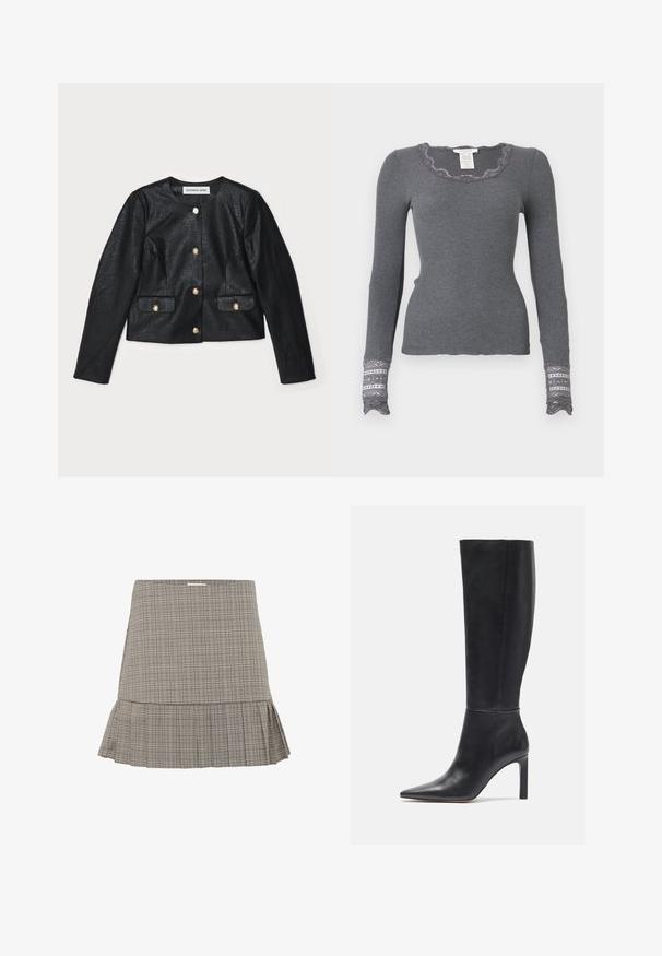 Chaqueta corta de polipiel negra con mangas largas, escote redondo y cierres de botones dorados. Cuenta con dos bolsillos frontales con solapas.; Top gris de manga larga con canalé, cuello con corte ondulado y puños acentuados con encaje, presentando un patrón texturizado.; Falda de cuadros gris con un dobladillo acampanado, con un sutil diseño de plisado y una cintura ajustada. Hecha de una tela ligera.; Botas de tacón stiletto de cuero negro hasta la rodilla, con punta afilada y textura suave, que presentan un diseño elegante y un detalle de costura mínimo.