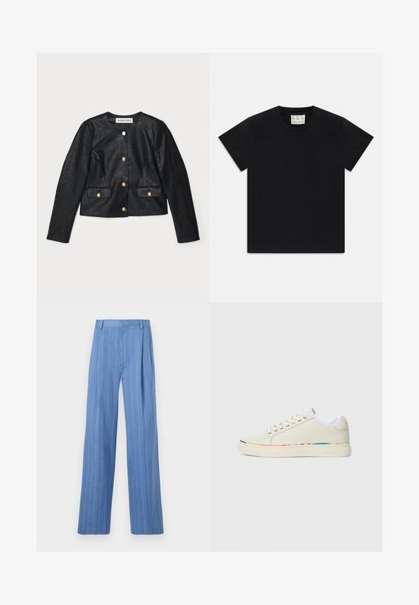 Juodas sintetinio odos trumpas švarkas su ilgomis rankovėmis, apvaliu iškirpimu ir auksiniais užsegimais. Savybė - dvi priekinės kišenės su atvartais.; Juodas trumpomis rankovėmis marškinėliai su apvaliu kaklu, vidinėje apykaklės pusėje yra balta etiketė su užrašu "D.R.C. EST. 2002" ant balto fono.; Šviesiai mėlynos plačios kojų kelnės su vertikaliomis baltomis juostelėmis. Pagamintos iš lygaus audinio, turi priekinę raukšlę ir švarų juosmens dizainą.; Off-white žemo profilio sportiniai bateliai su raišteliais, balta vidinė apdaila ir subtilus daugiaspalvis apvadas aplink pado kraštą, šoninis vaizdas.