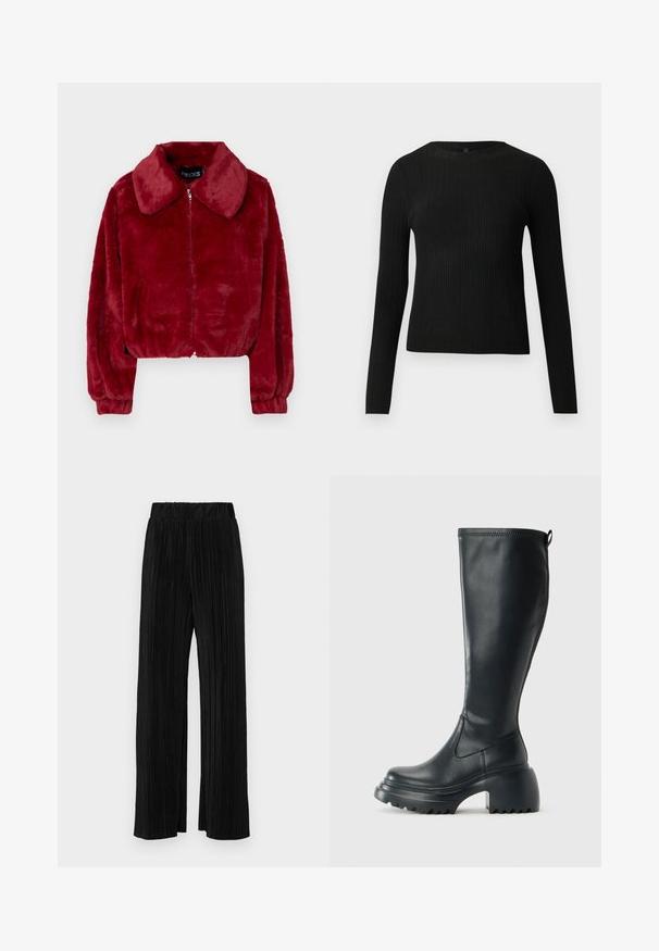 Pieces PCFRANCES BOMBER - Blusão aviador - tawny port; Suéter preto de mangas compridas com textura canelada, justo ao corpo, com um decote redondo, exibido contra um fundo claro e liso.; Calças pregueadas pretas com uma cintura elástica. Apresentam pernas largas e um tecido liso, texturizado com riscas verticais.; Bota preta de couro alta com sola de plataforma robusta e salto bloco, apresentando puxador e padrão texturizado na sola.