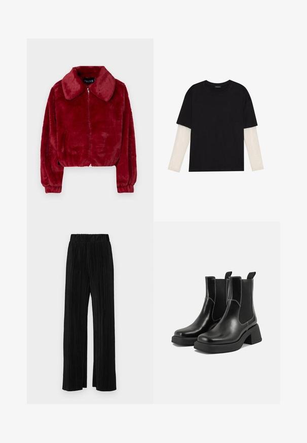 Pieces PCFRANCES BOMBER - Bomber Jacket - tawny port; Black T-shirt made of cotton, featuring short sleeves over a white long-sleeve layer with a subtle textured pattern. Crew neckline design.; Black pleated trousers with an elastic waistband. Features wide legs and a smooth, textured fabric with vertical stripes.; Black leather Chelsea boots with a chunky heel, elastic side panels, and contrasting white stitching. Textured finish.